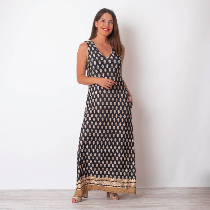 Vestido Midi Bajo Estampado - Negro