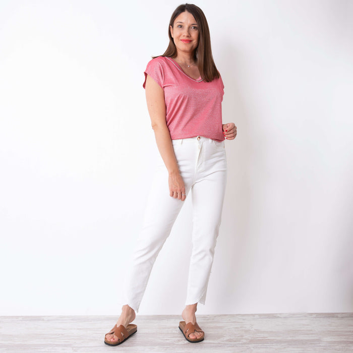 Camiseta Con Brillo Y Fornitura Cuello - Rosa