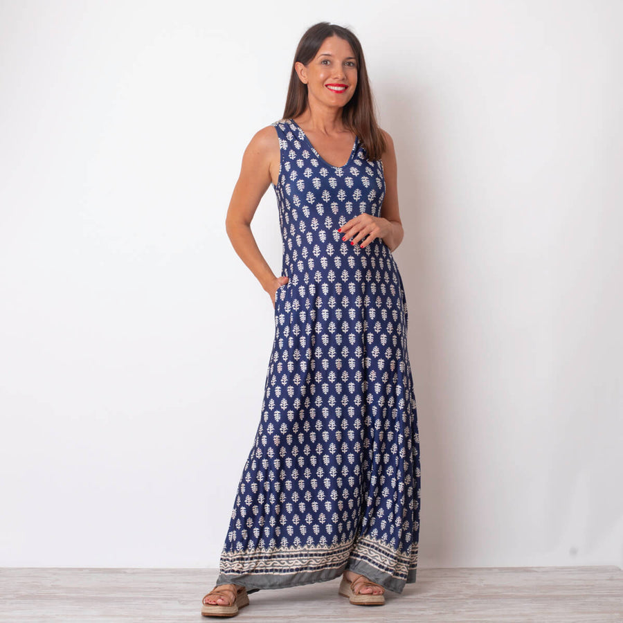 Vestido Midi Bajo Estampado - Azul