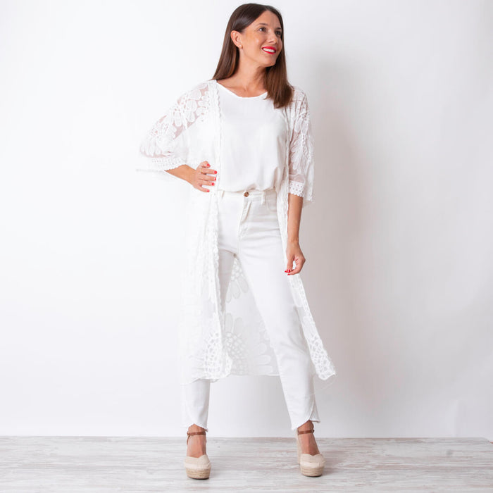 Kimono Tul Bordado Mandala - Blanco