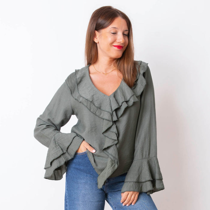 Blusa Maxi Volantes - Militar