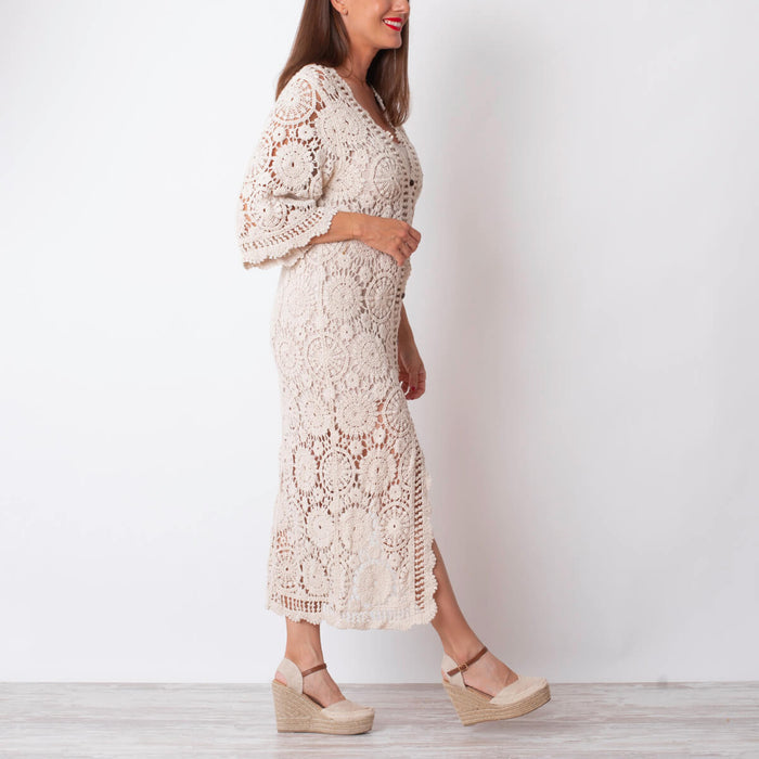 Vestido/Kimono Crochet con Botones - Beige